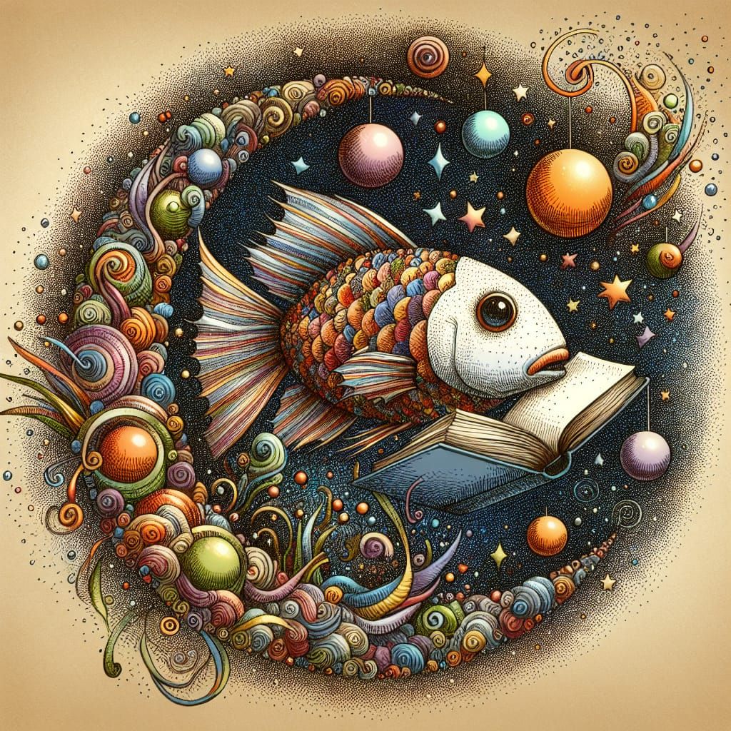 Whimsical Fish Immersed in a Book, Ink Drawing Style