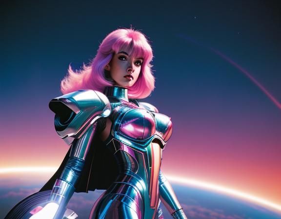 Chrome Space Girl Dragon Rider in Retro Cyberpunk Style