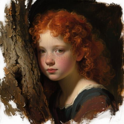 Redhead Girl Peeking from Tree, Aged Oil Painting Style