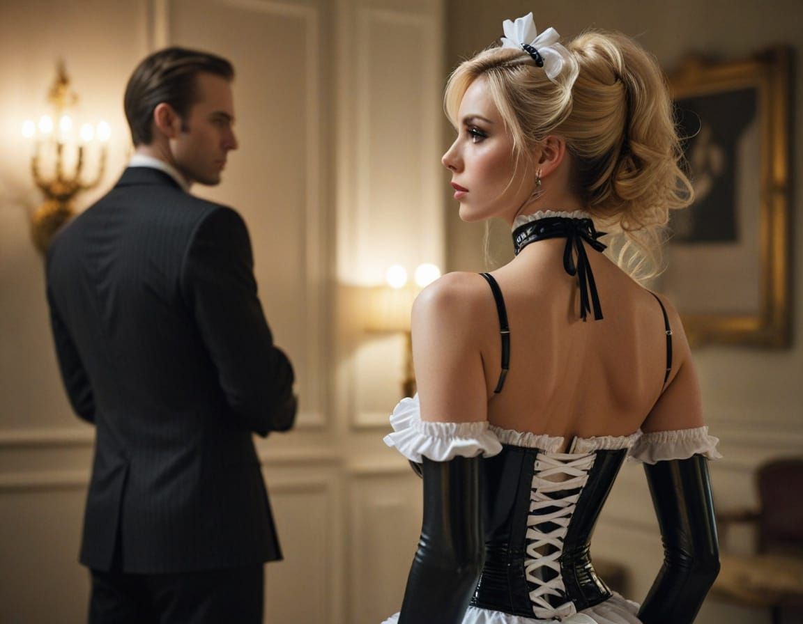 A man-sissy in a black latex maid outfit stands in the middl...