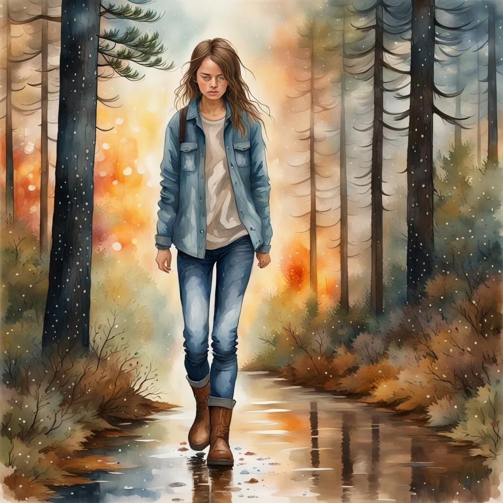 Young Girl Soaking Wet in in the Rain Walking on a Trail through a Pine Forest, Unkempt Rain Soaked Hair, Wearing a Line...