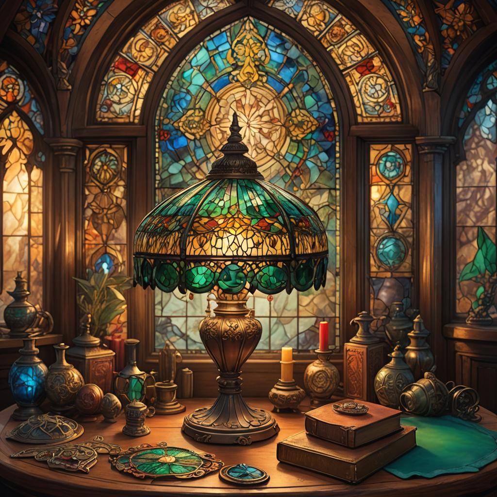 Antique Stained Glass Lamp with Mystical Artifacts