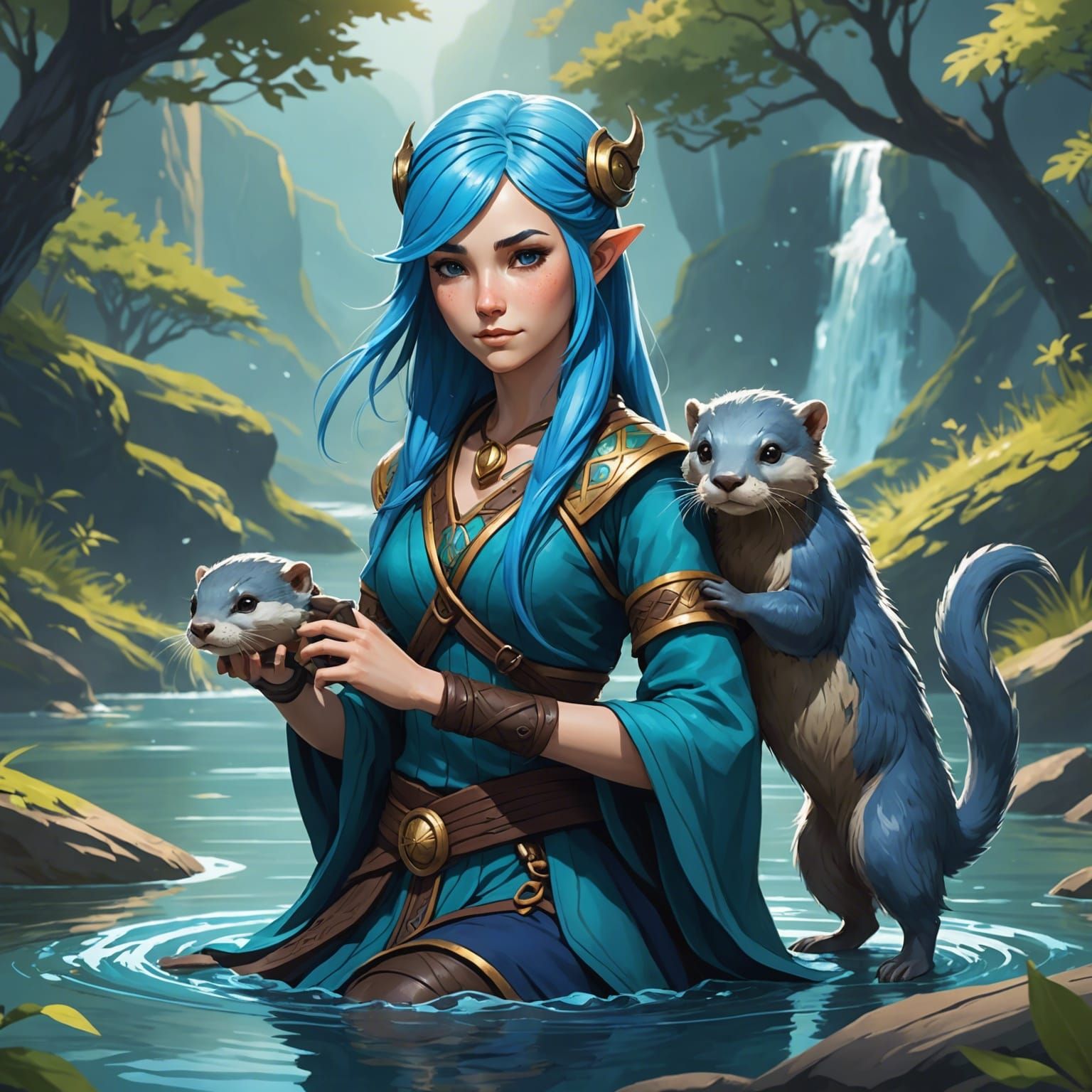 Water Genasi Druid with Otter in Anime Style