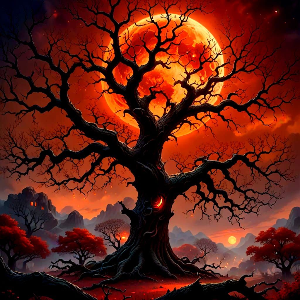 Fantasy Blood Moon and Gnarled Tree