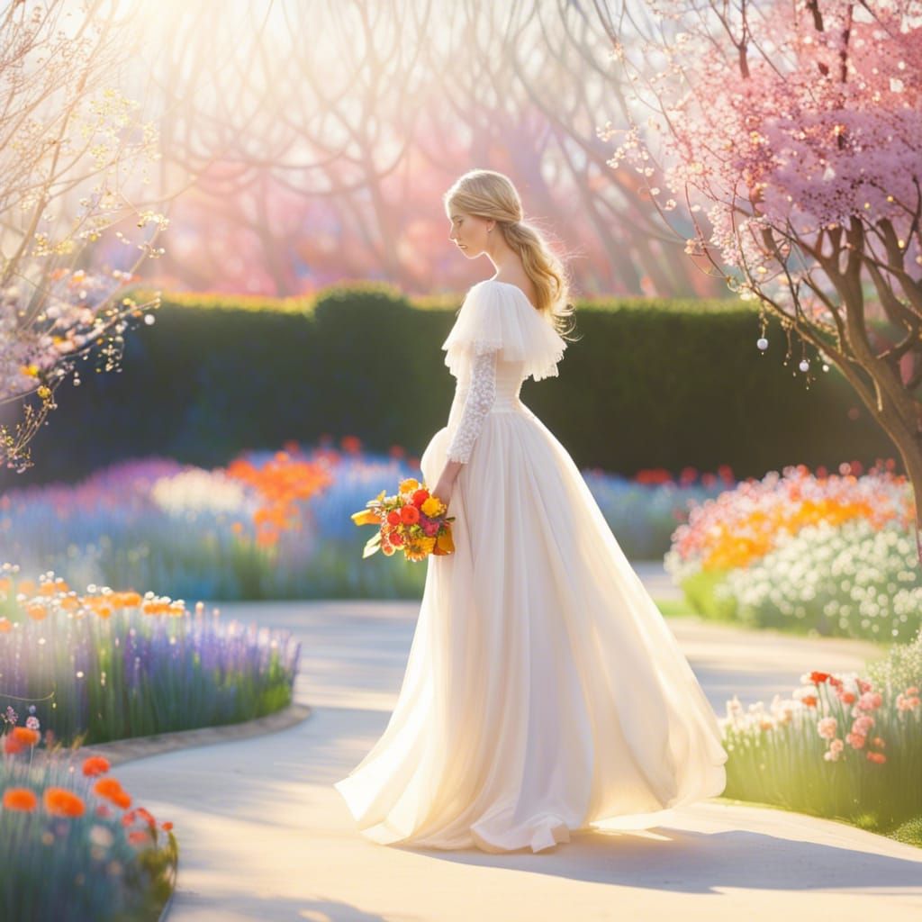 Princess in Spring Garden with Colorful Flowers