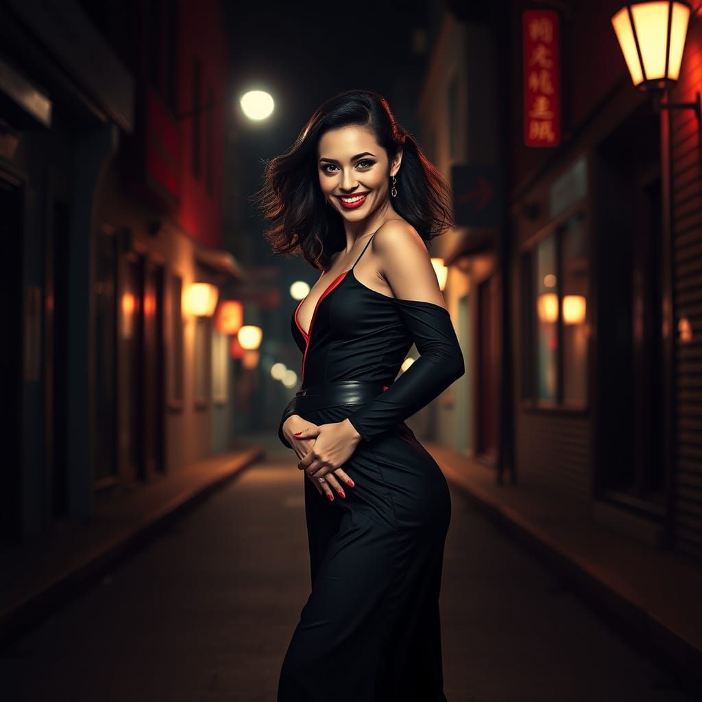 Confident Woman in Elegant Black and Red Outfit Strikes a Po...