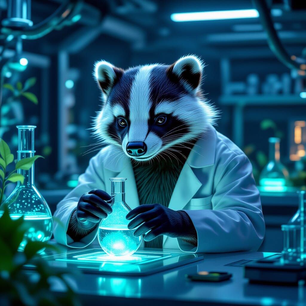 Bioluminescent Badger in Futuristic Lab, Sci-Fi Art