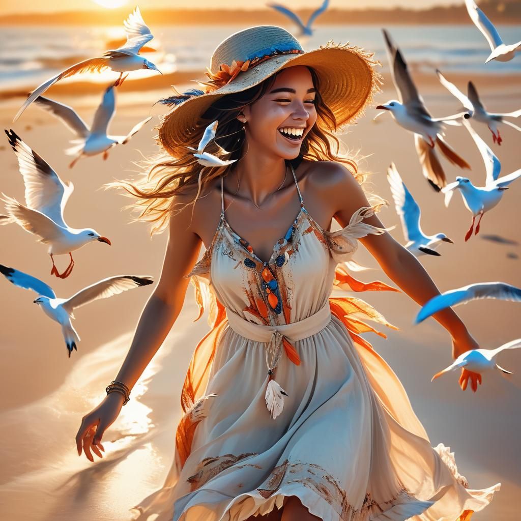 Joyful Girl Playing on Sunny Beach: Fantasy Art