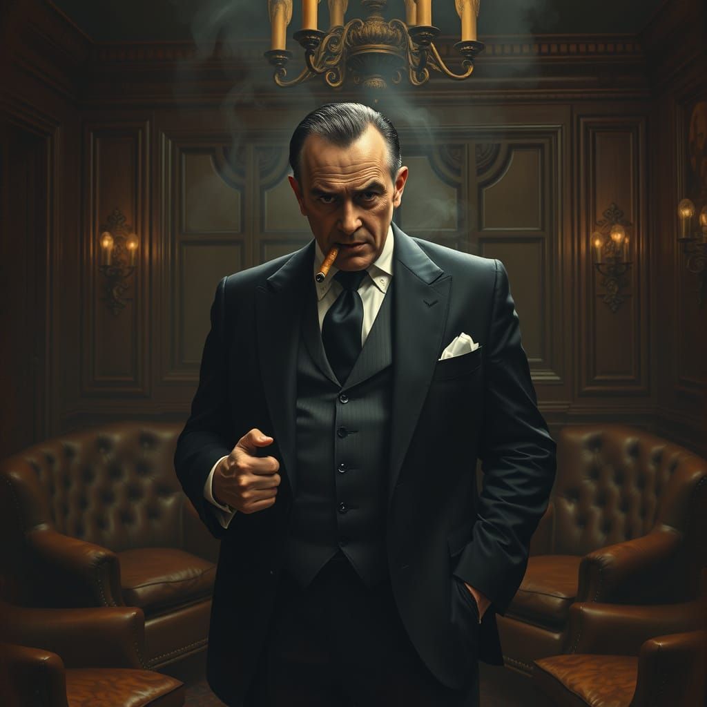 Gritty Mafia Boss in a Smoky Backroom