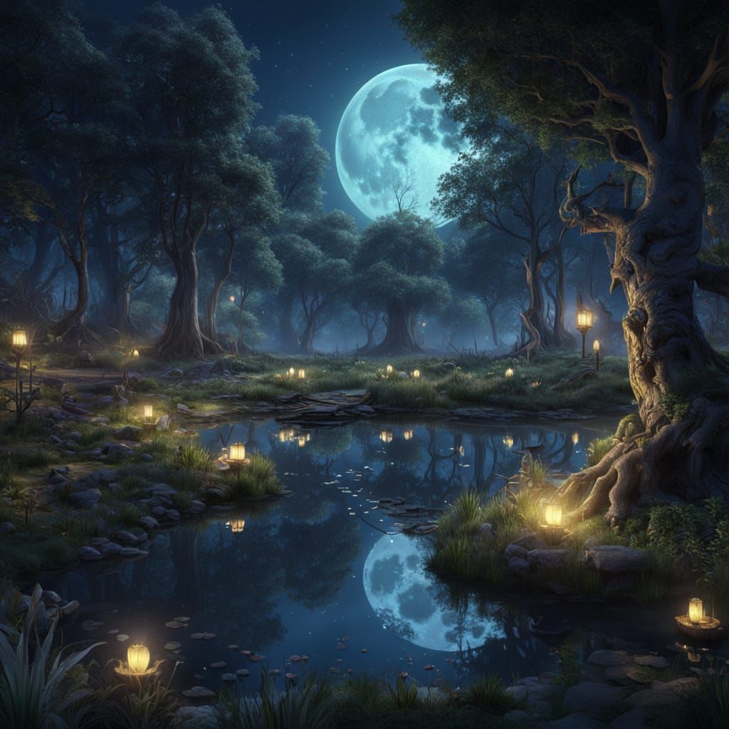 Moonlit Enchanted Forest and Pond: Fantasy Concept Art