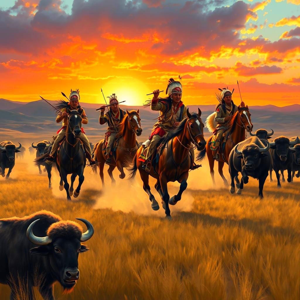 Native American Warriors Chase Buffalo Across Open Prairie i...