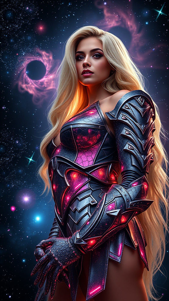 Fractal Cataclysm Inside Galaxy Nebula With Armored Woman