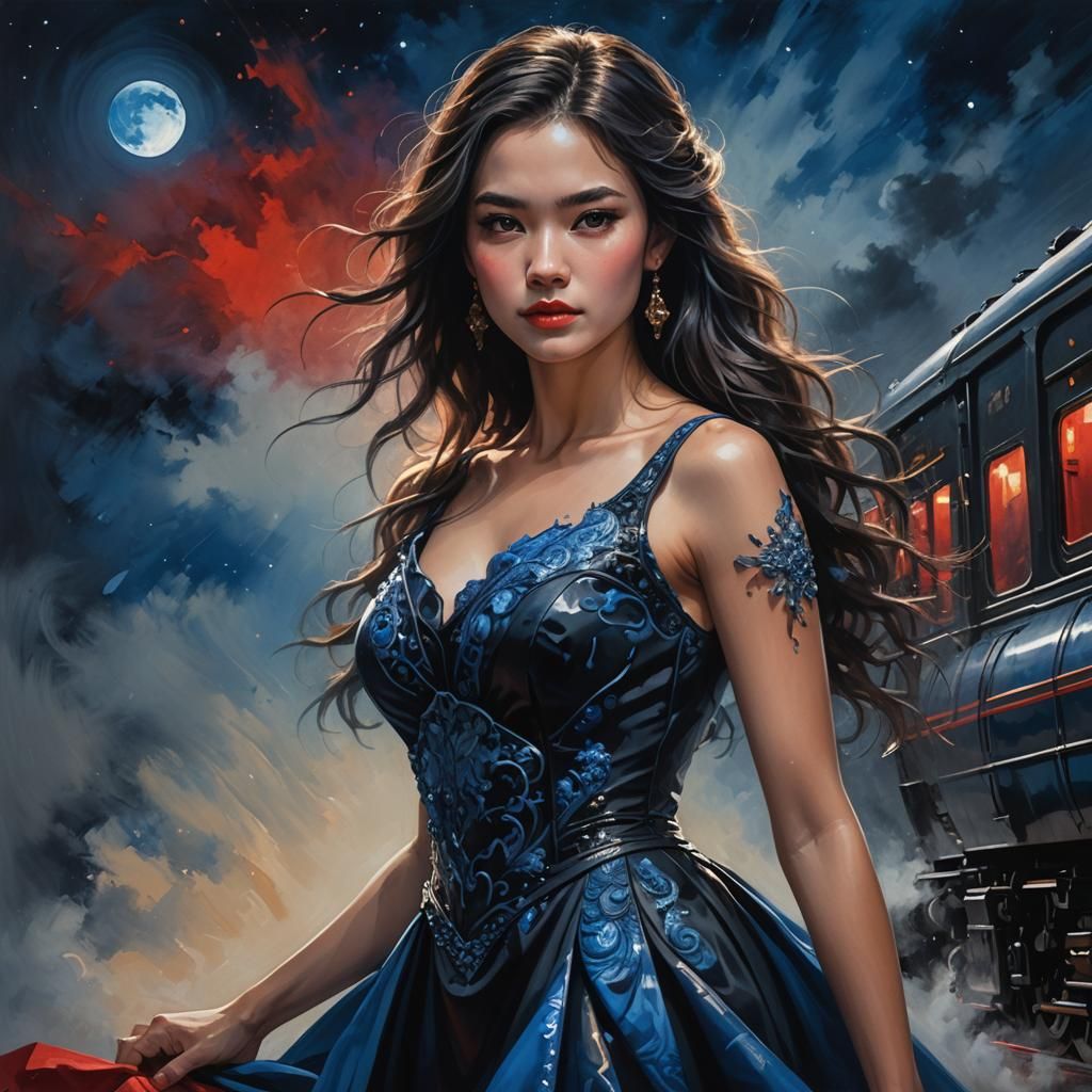 Woman in Black and Blue Dress in Moonlight