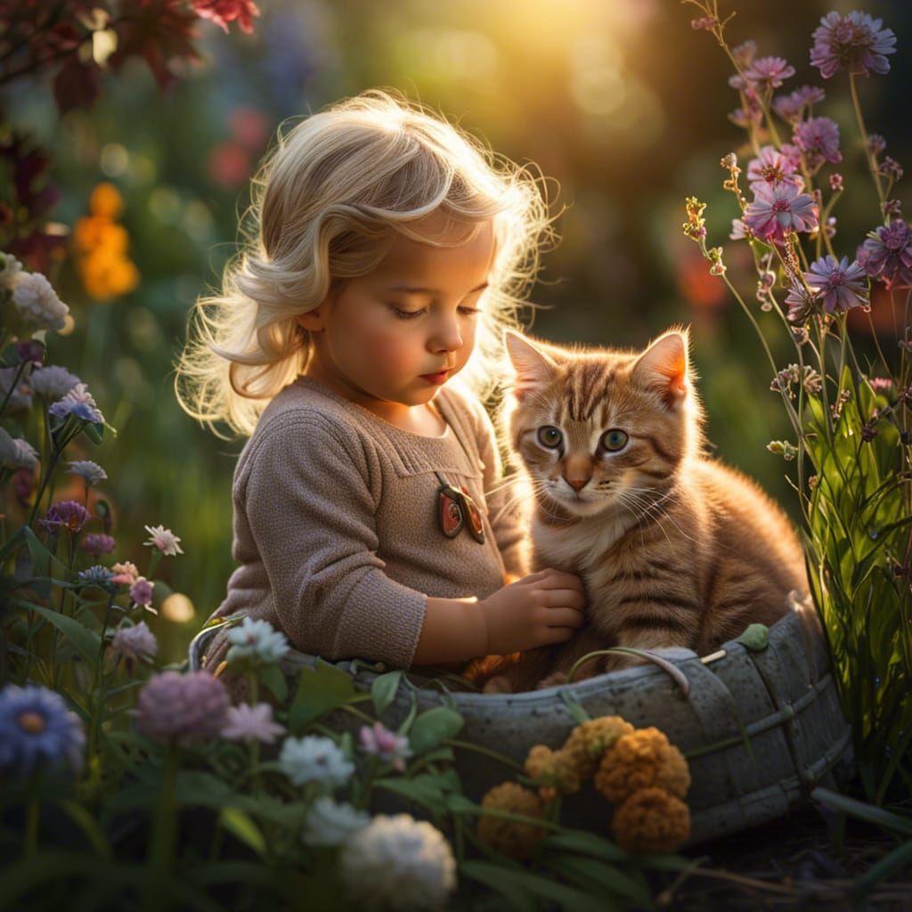 Toddler and Cat in Garden, Fine Art Photography