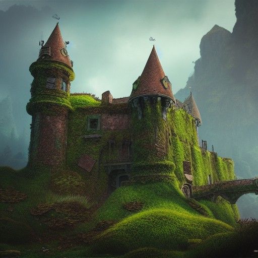 Moss-Covered Abandoned Castle: Detailed Matte Painting