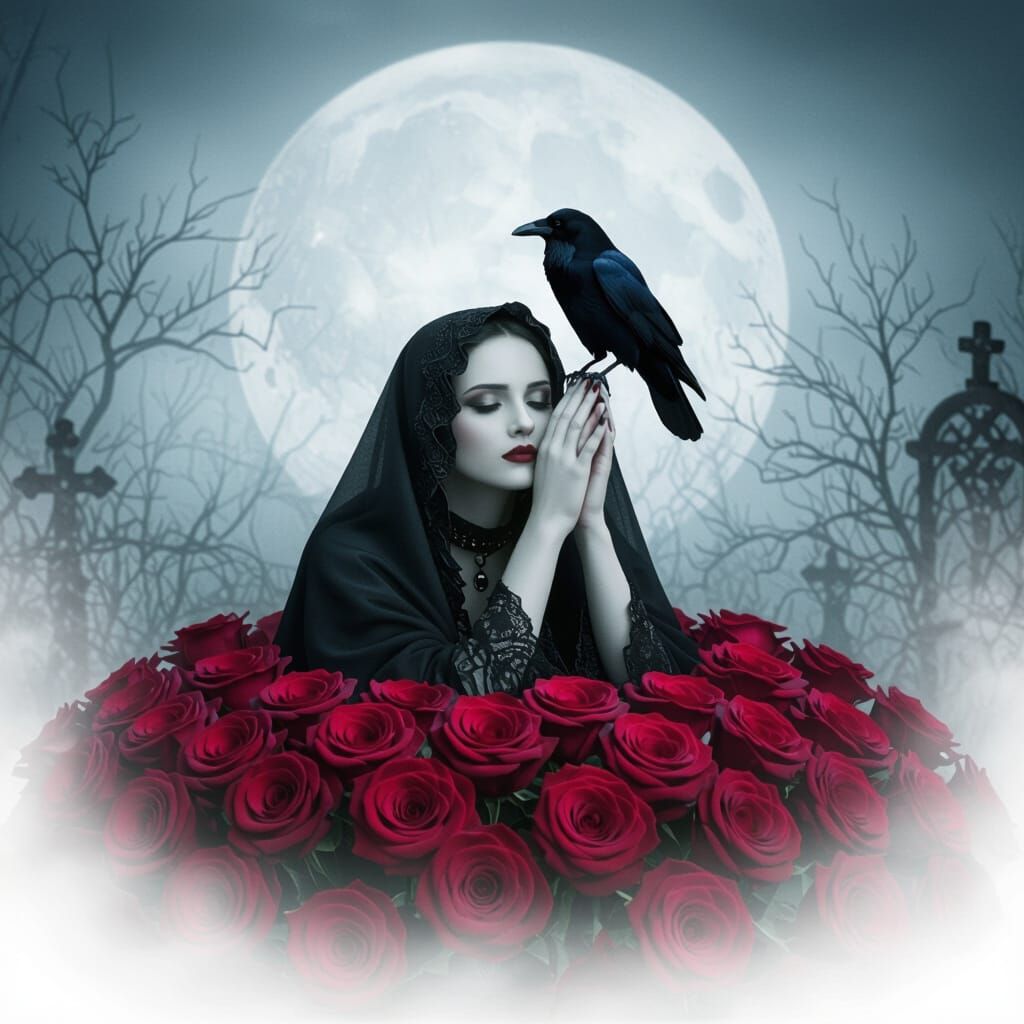 Gothic Woman Prays from Rose Sea Under Misty Night Sky