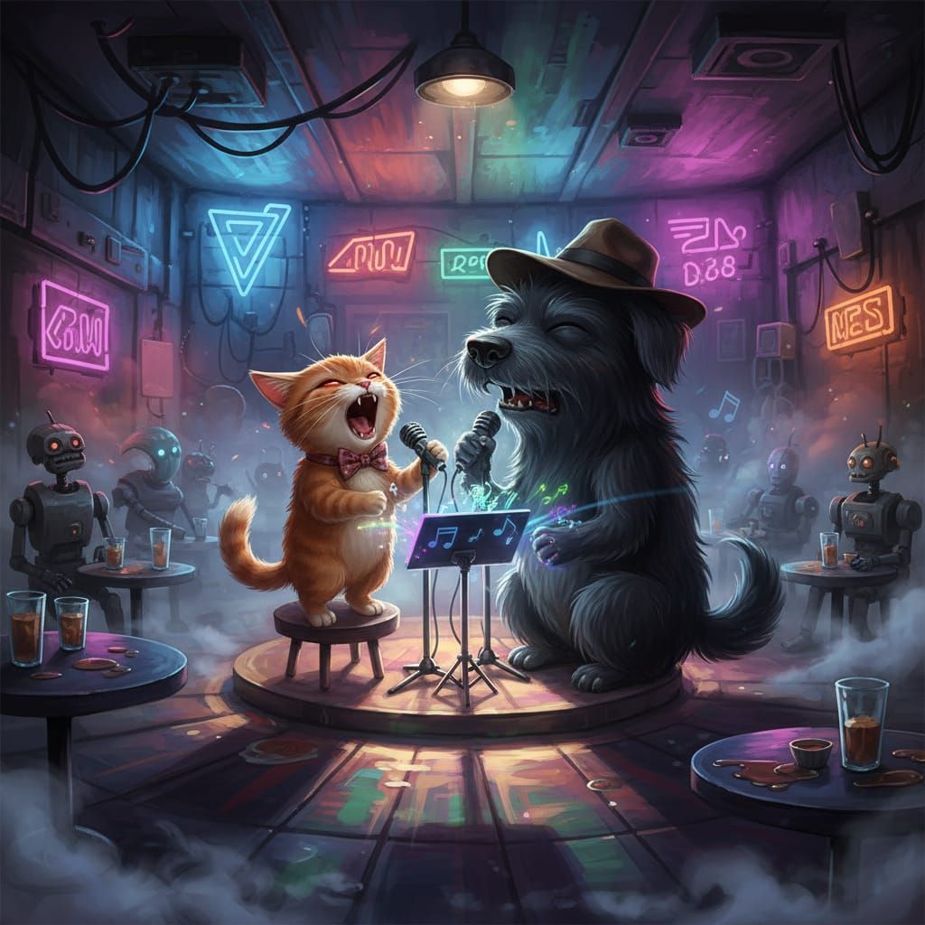 Karaoke Cat and Dog in Neon Bar, Digital Art