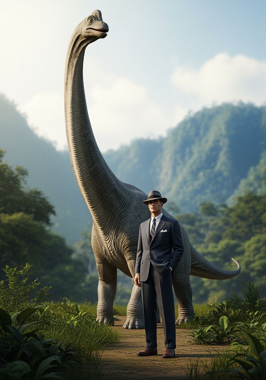 Man and Dinosaur in Jurassic Landscape