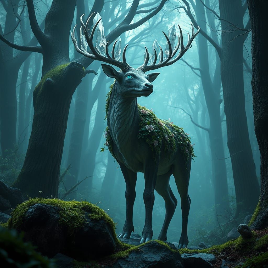 Enchanted Forest Guardian with Crystal Antlers