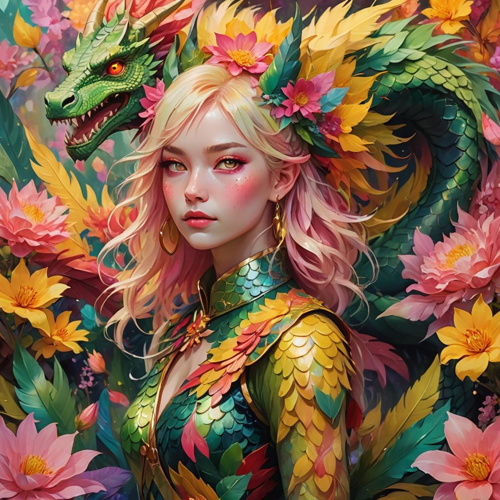 Fantasy Woman with Scaly Skin and Colorful Feathers