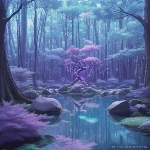 Magical Forest with Crystal Lake in Anime Style