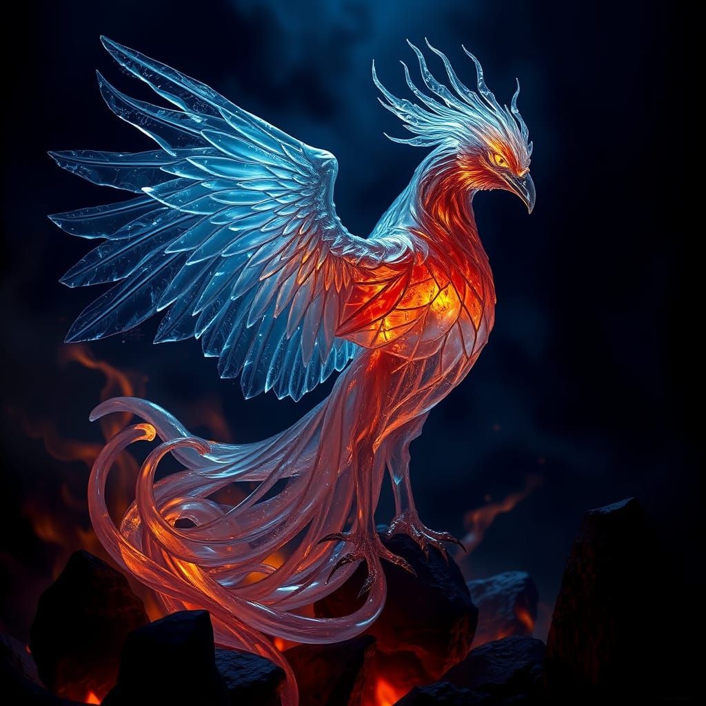 Ethereal Glass Phoenix in Dark Mystical Atmosphere