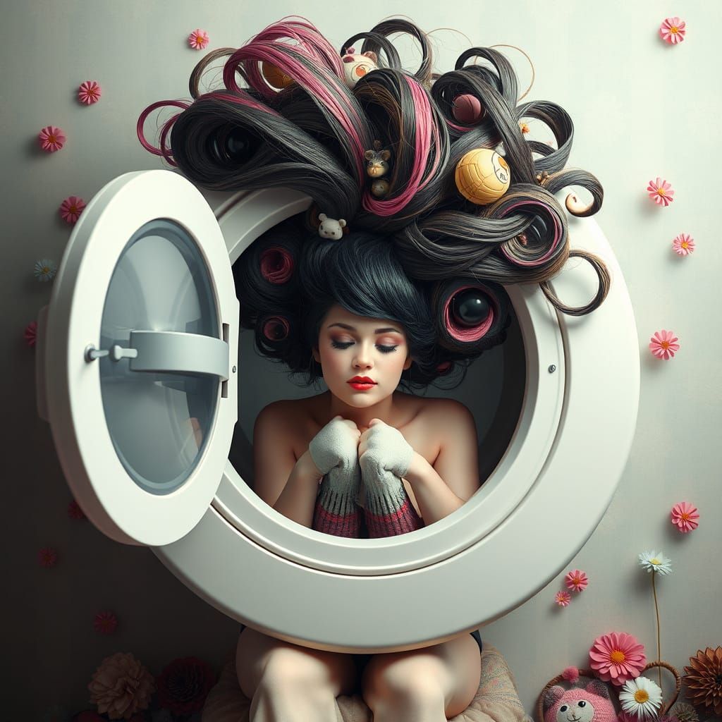Washing Machine Hair in Surreal Digital Art Style