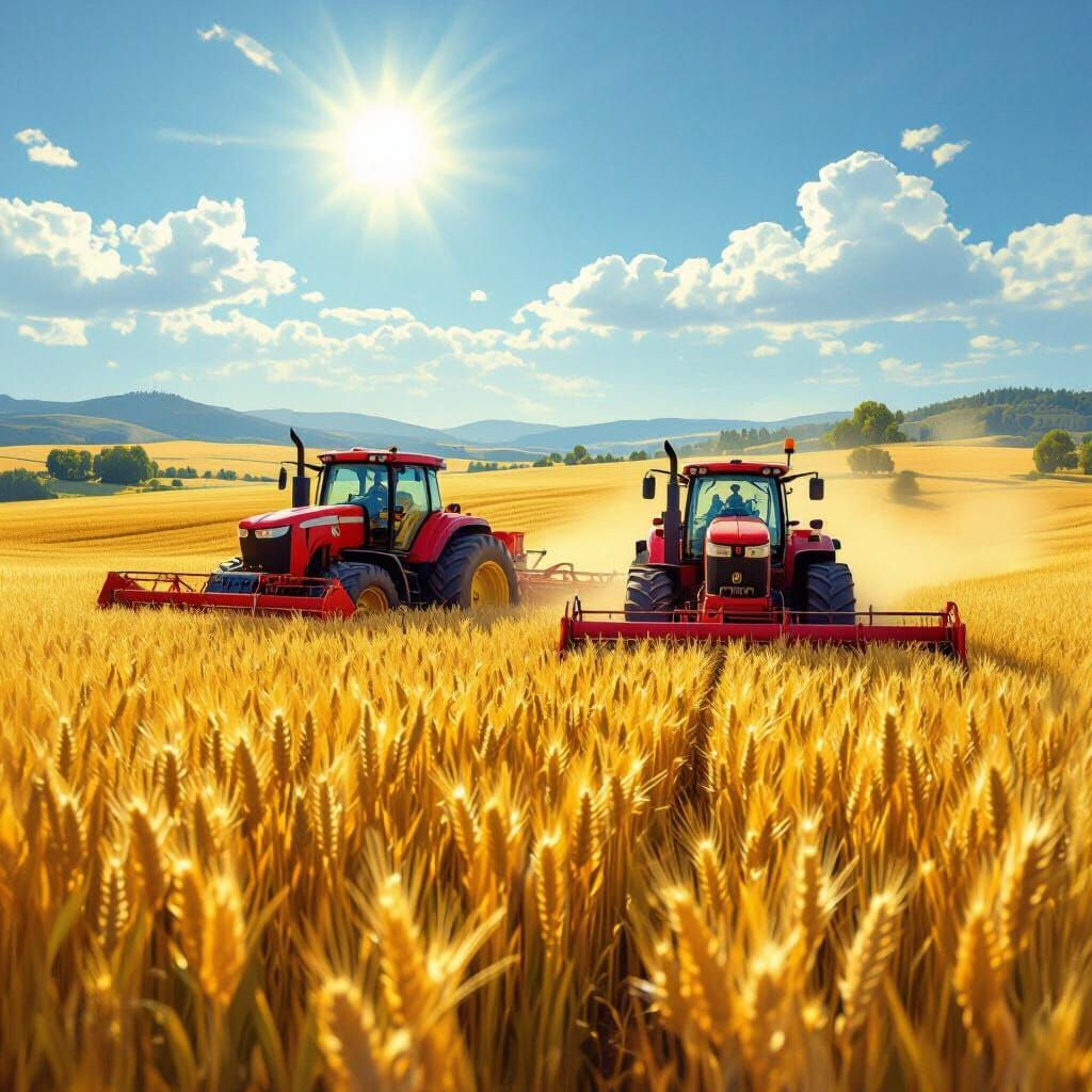 Red Tractors Plowing Golden Field in Realistic Digital Paint...