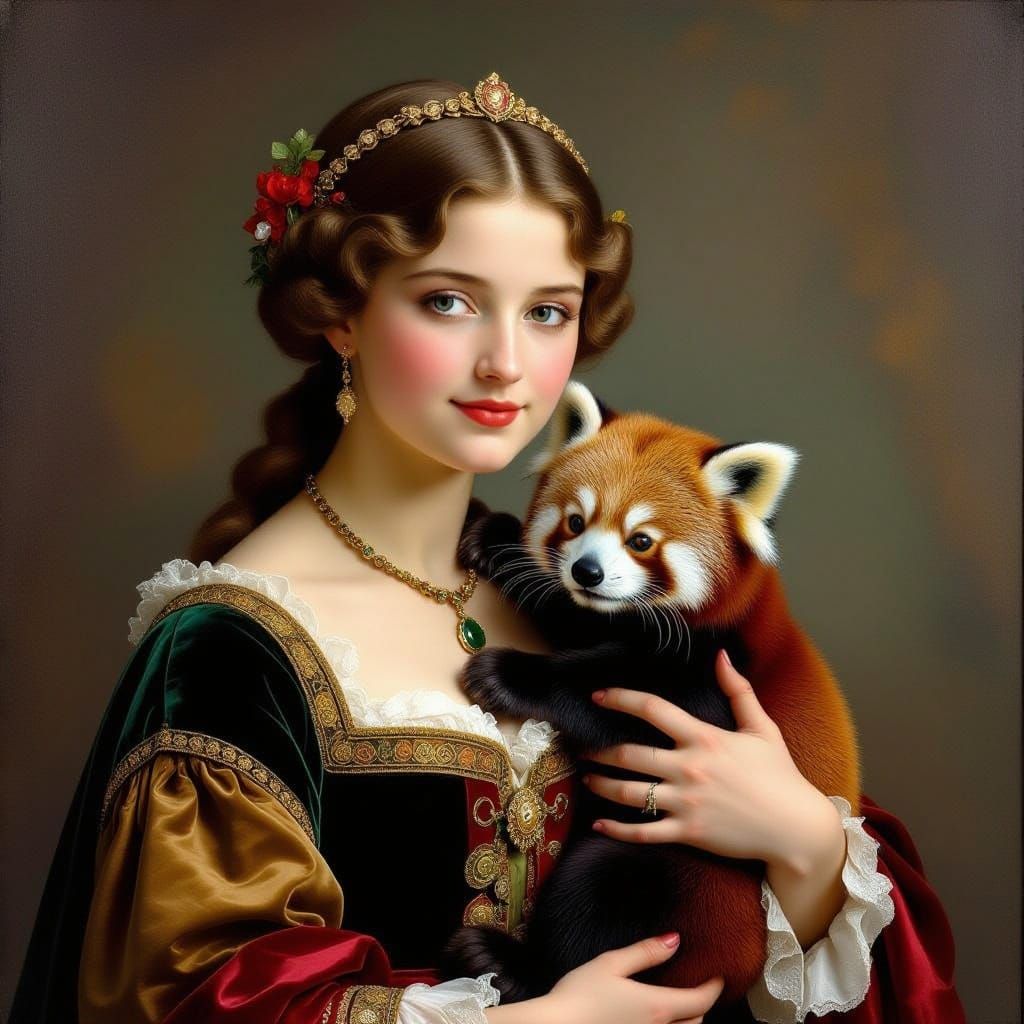 Renaissance Lady with Red Panda, Oil Painting Style