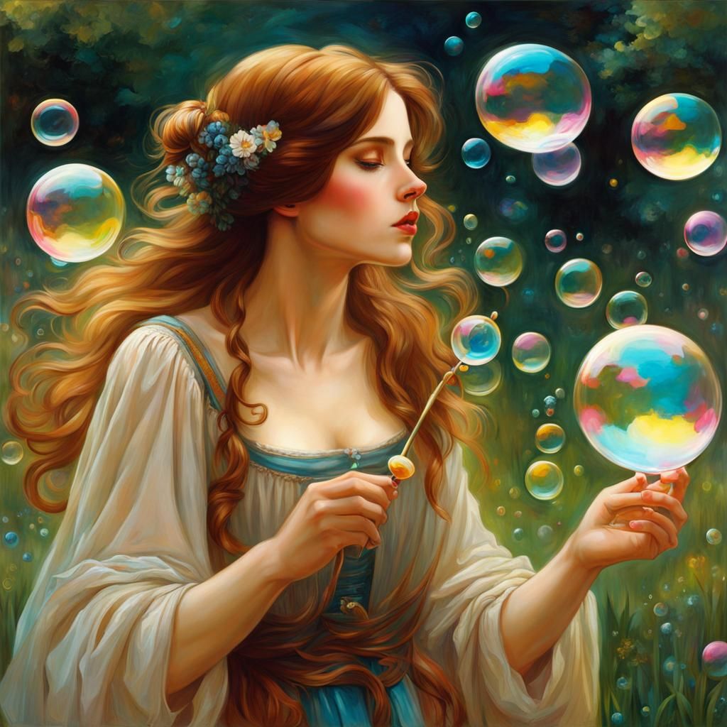 Woman Blowing Bubbles in Anime Style