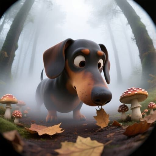 Cute Wiener Dachshund Sniffing Mushrooms in Foggy Forest