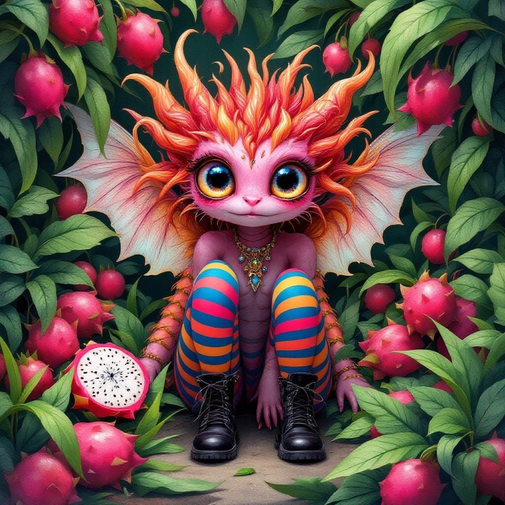 Dragon fruit fairy with huge eyes wearing striped stockings ...