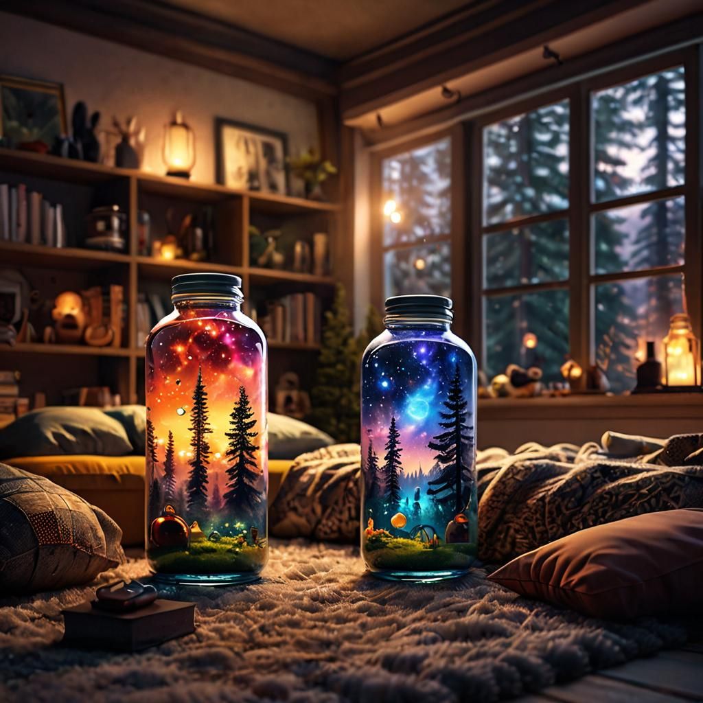 Magical Worlds in Bottles: Detailed AI Photograph