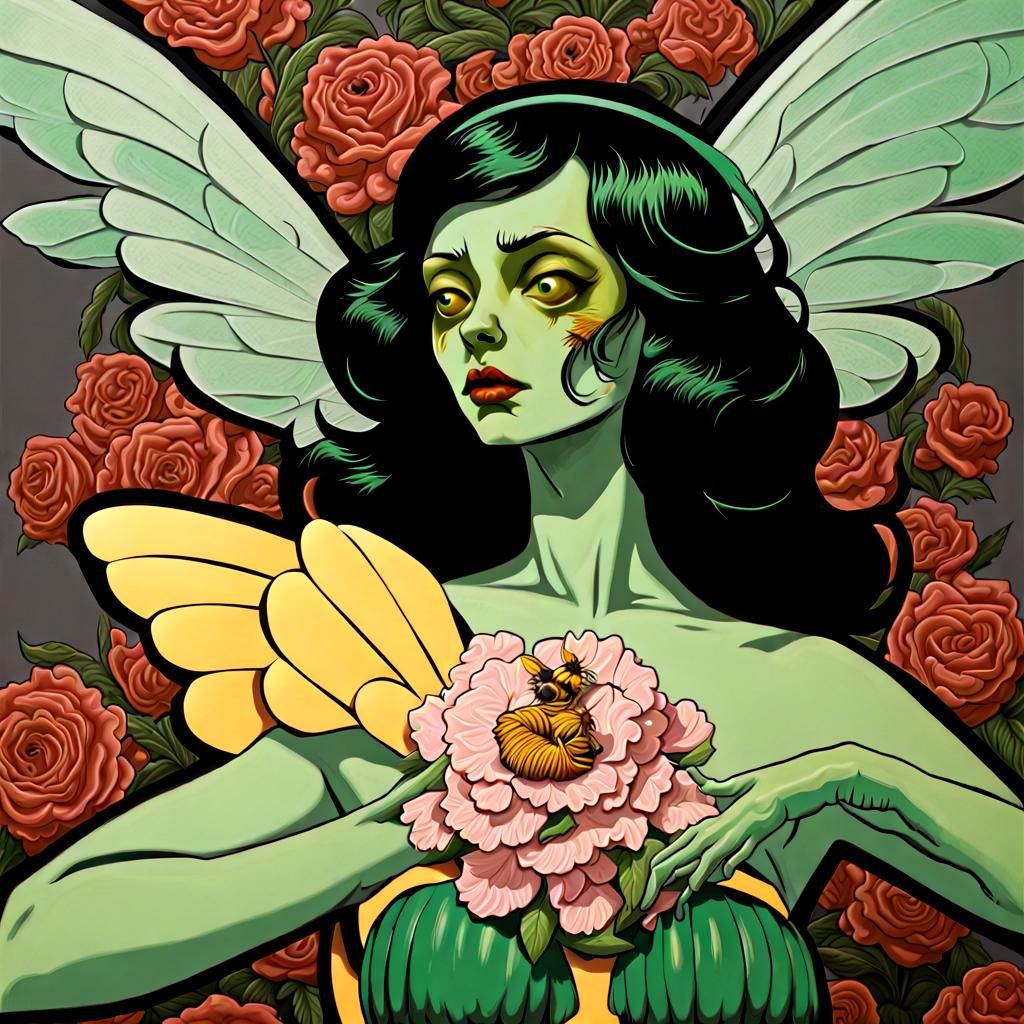 Bumblebee love angel zombified with green wings, art deco, postmodern,  hyperdetailed, circa 1947