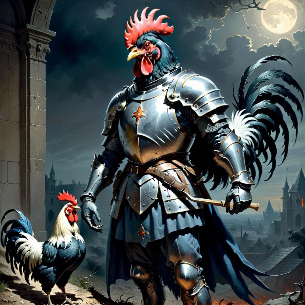 Atomic Knight and Rooster in Doré Style