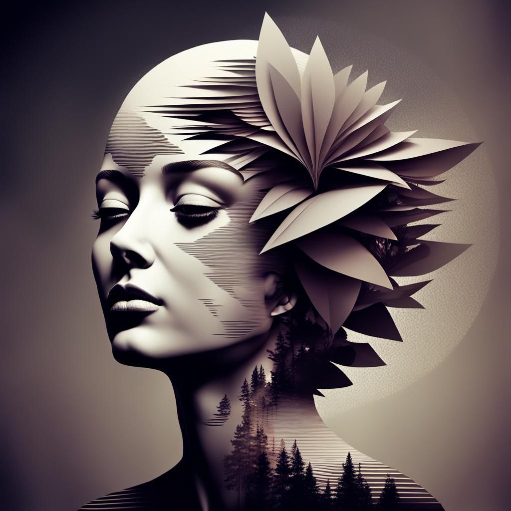Surrealistic Digital Art of a Woman's Head in Layered Graphi...