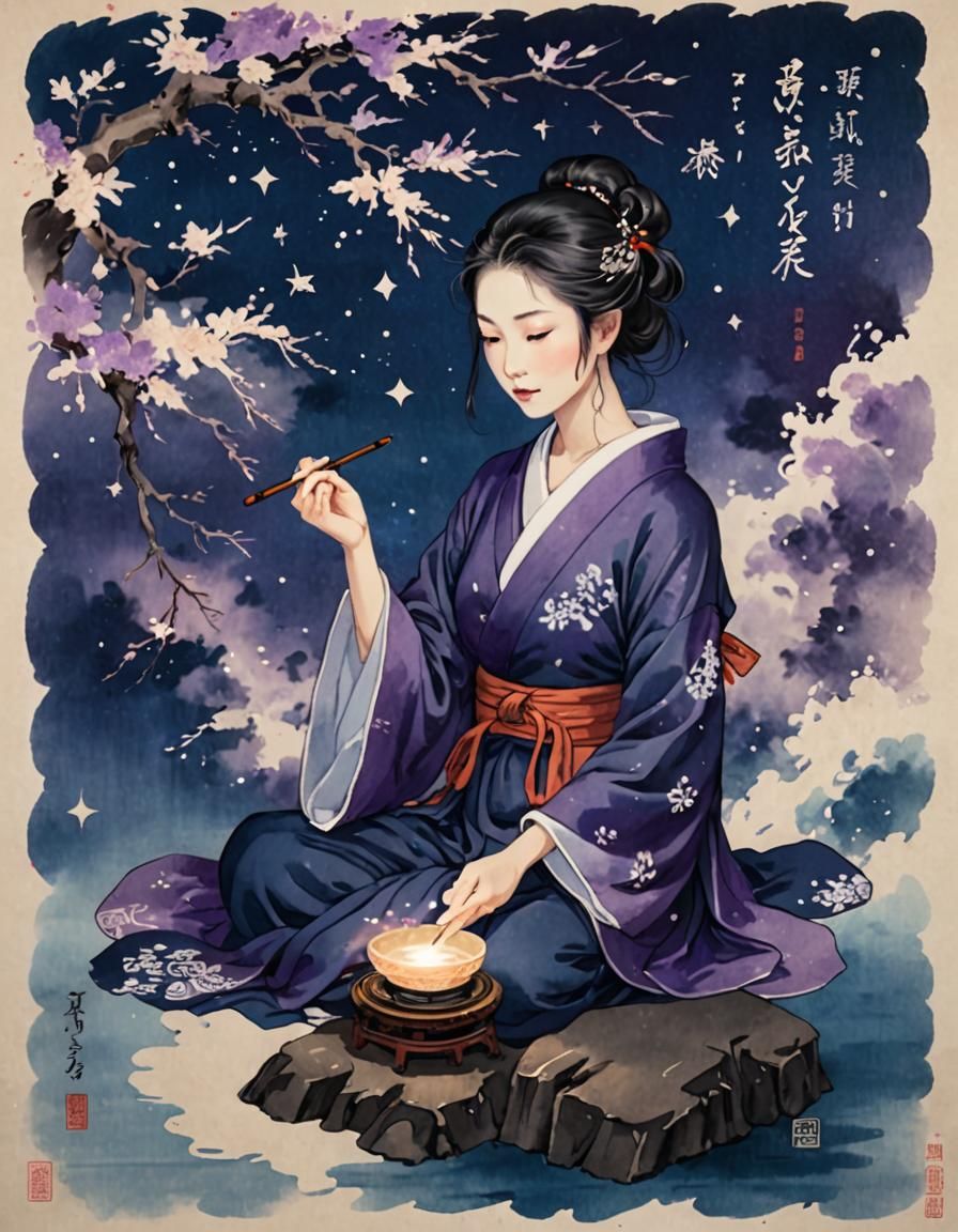 Ethereal Japanese Calligraphy with Glowing Ink