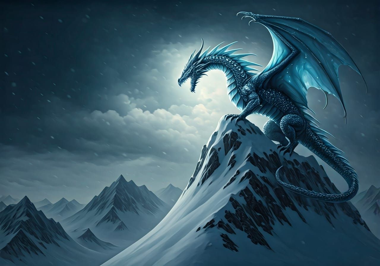 Icy Dragon on Snowy Peak: Dark Fantasy Concept Art