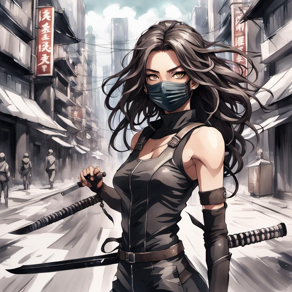 Anime Woman with Katanas on City Street in 3D