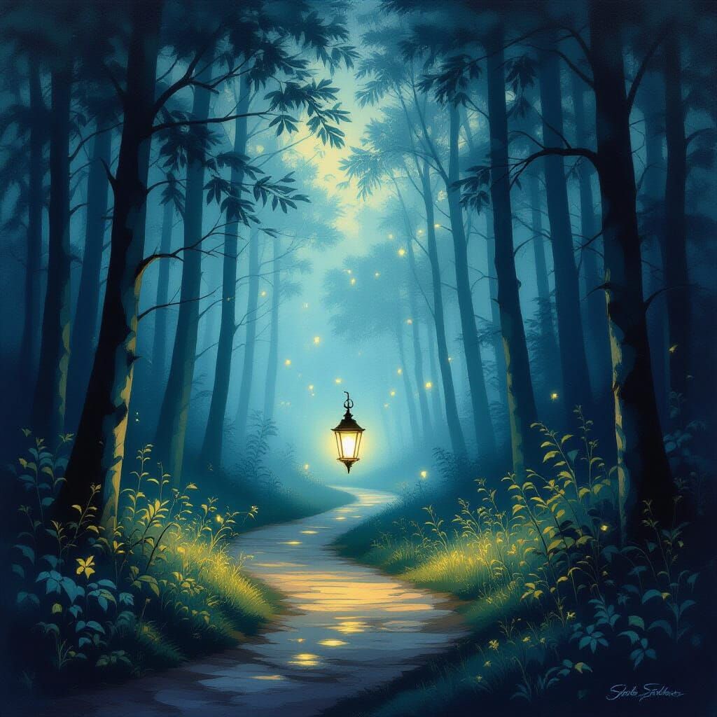 Hopeful Lantern Path Through Enchanted Forest