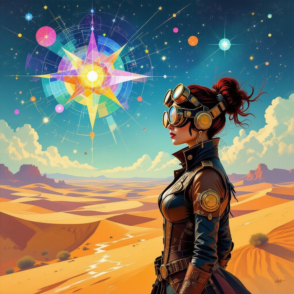Steampunk Explorer Gazes at Geometric Constellations in Surr...