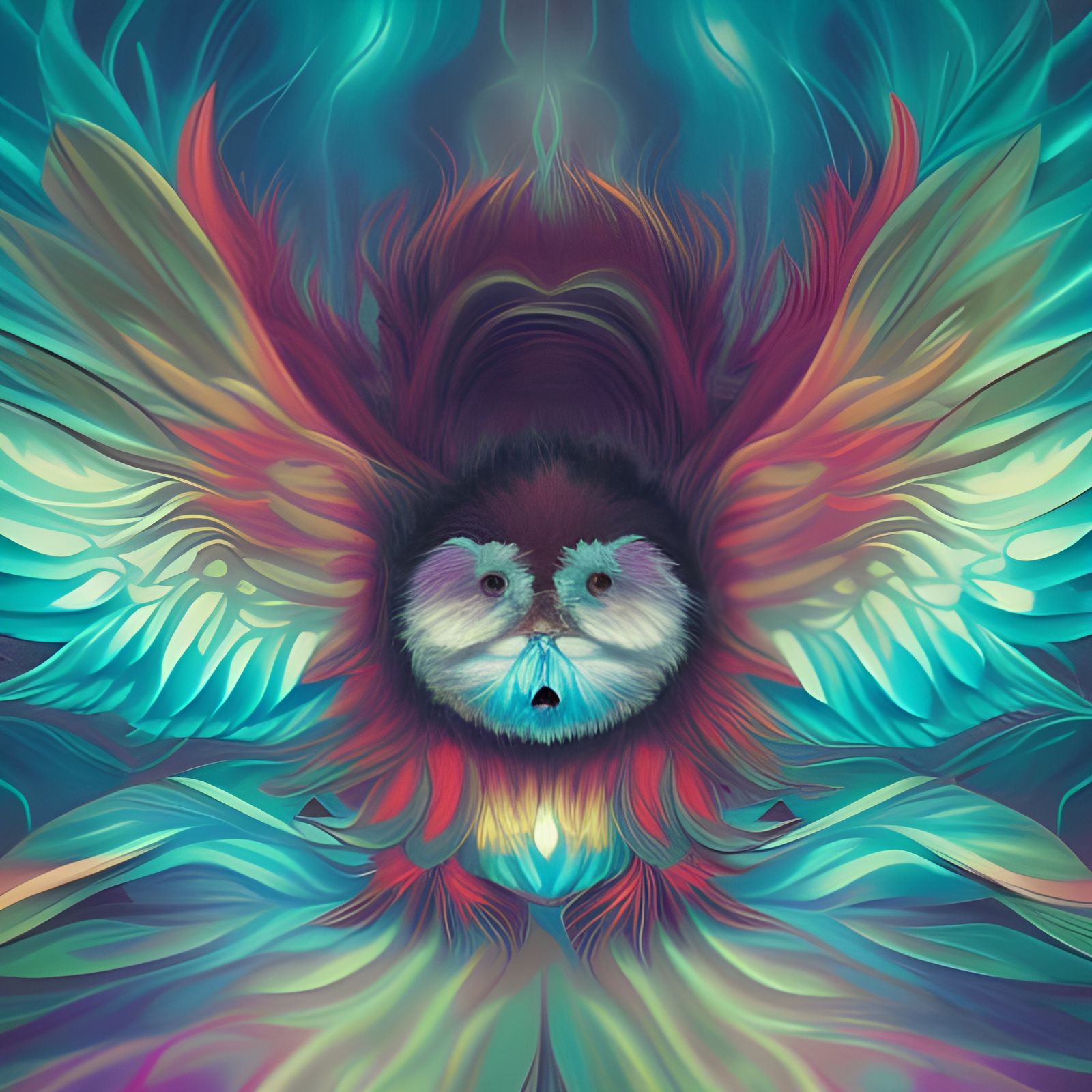Psychedelic Fluffy Face with Batwings in Japanese Art Style