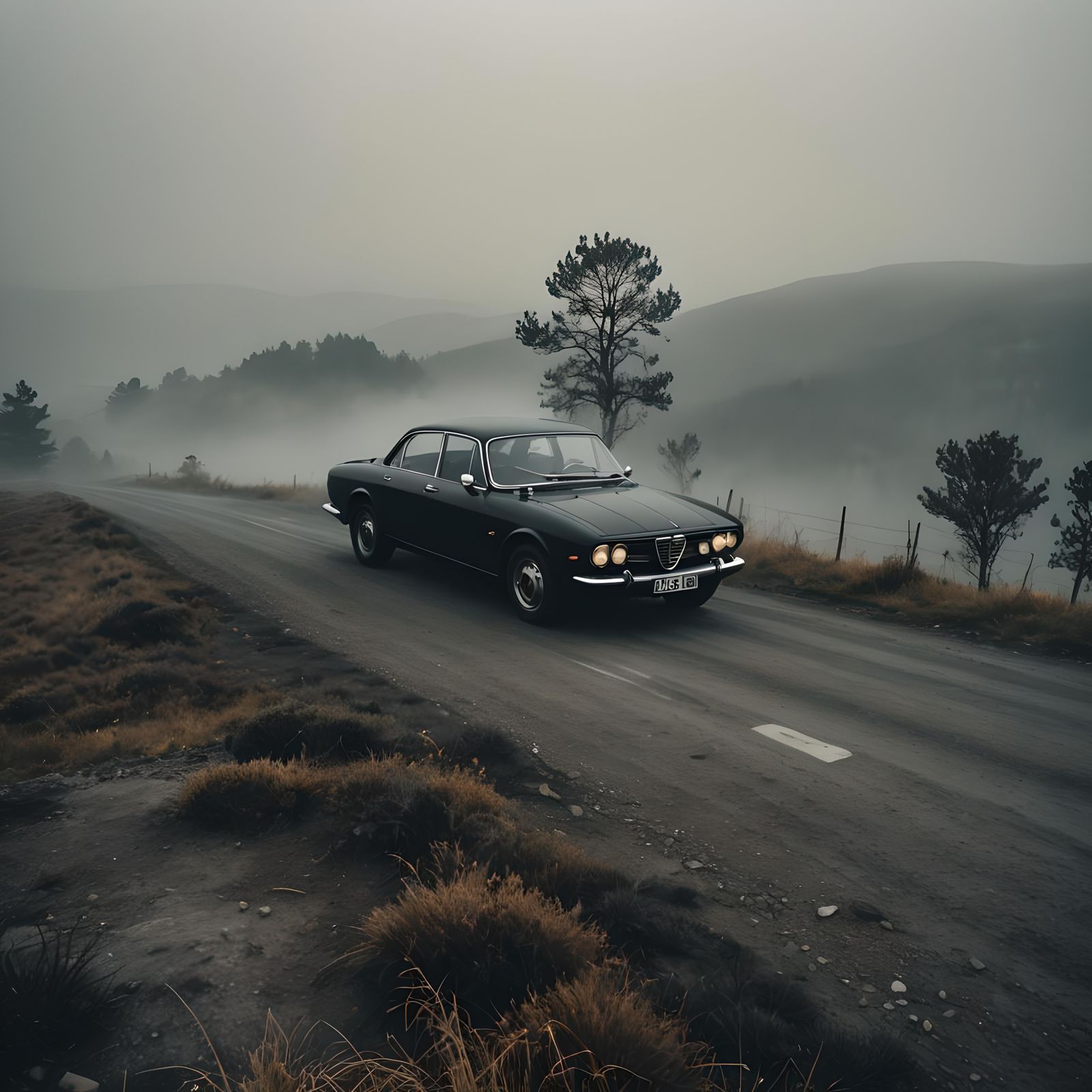 Matte Black Alfa Romeo in Fog: Cinematic Still