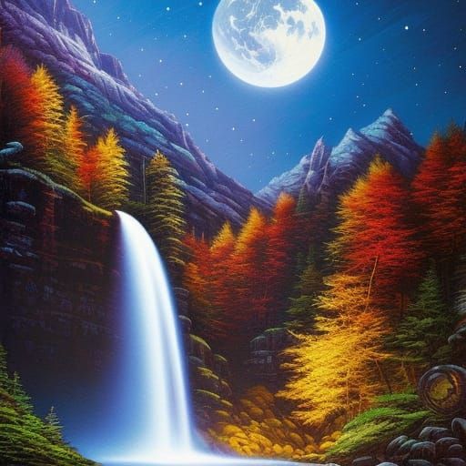 Moon Waterfall in Comic Book Art Style