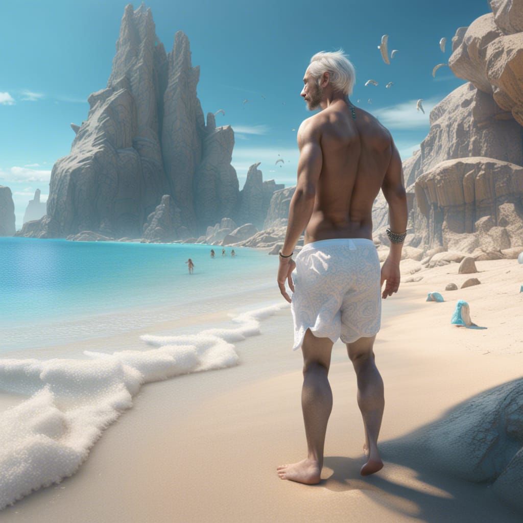 Man in White Swim Shorts at the Beach