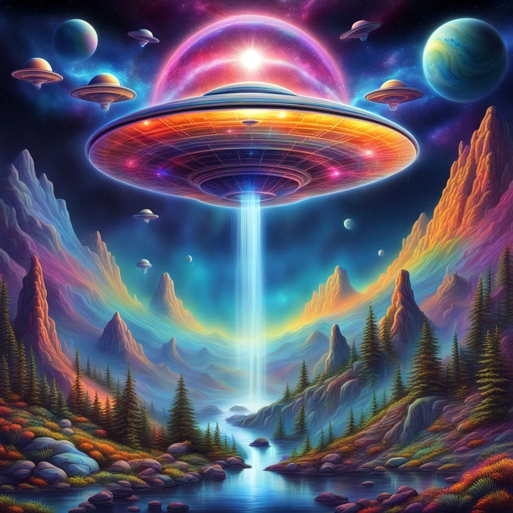 Trippy Cosmic Serenade with UFOs in Hyperdetail