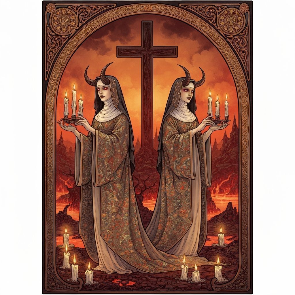 Demon Nuns in Art Nouveau Style with Hellish Landscape