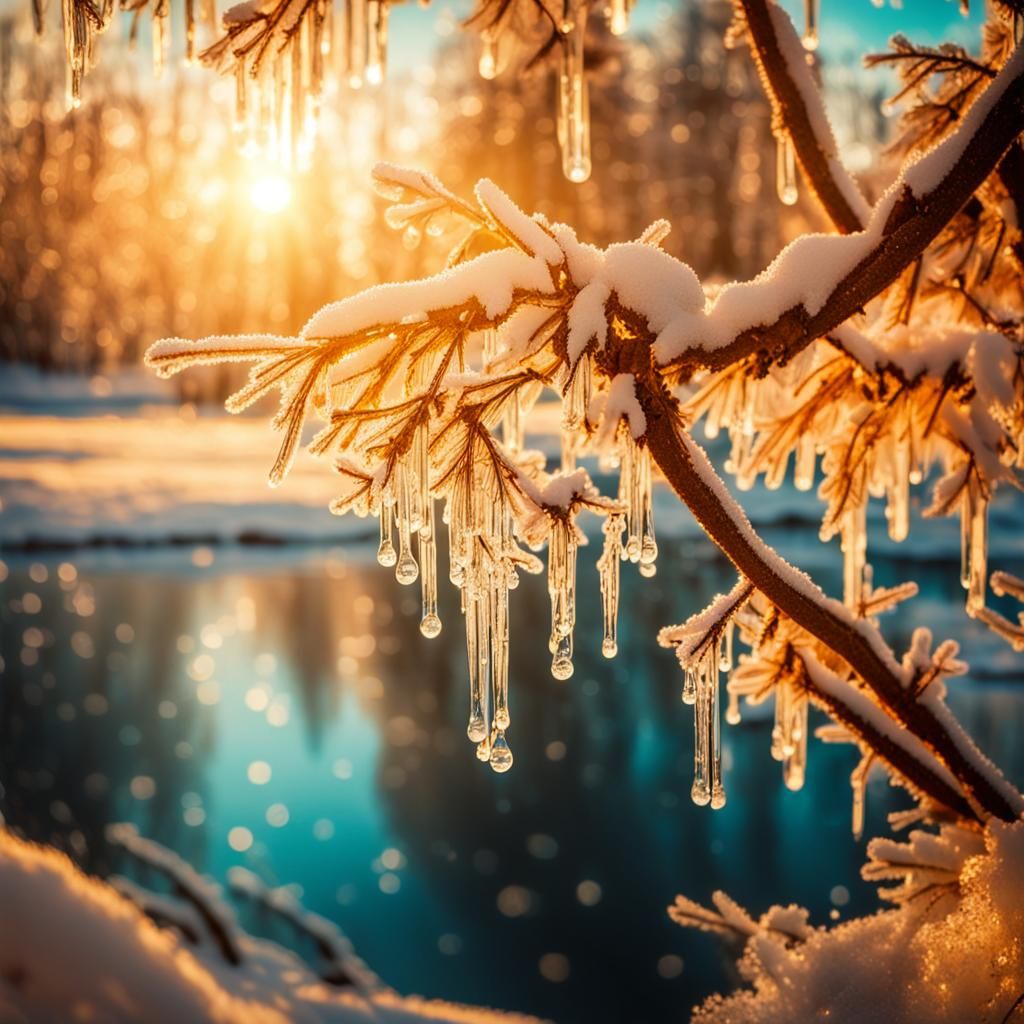 Surreal Winter Landscape: Frozen Lake in Sunlight