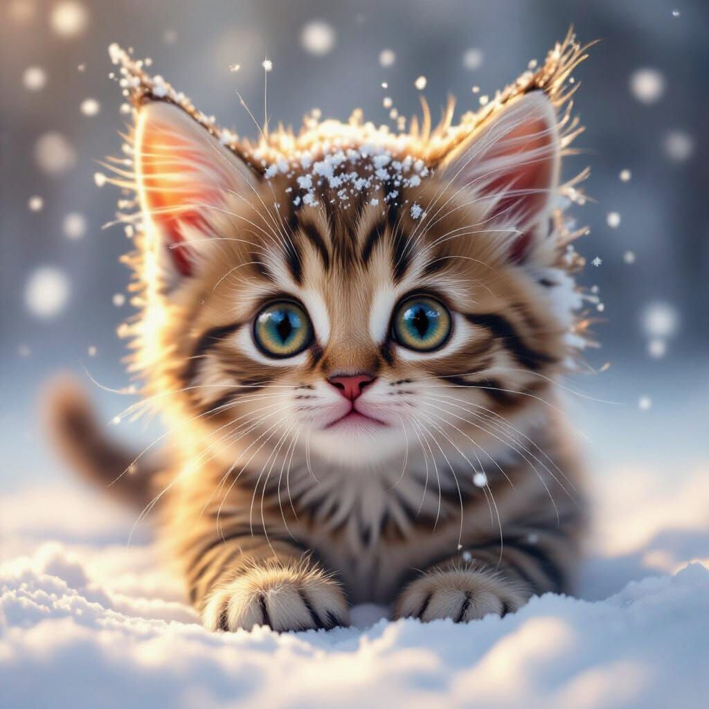 Playful Kitten Delighting in Falling Snow - Hyperdetailed Sp...