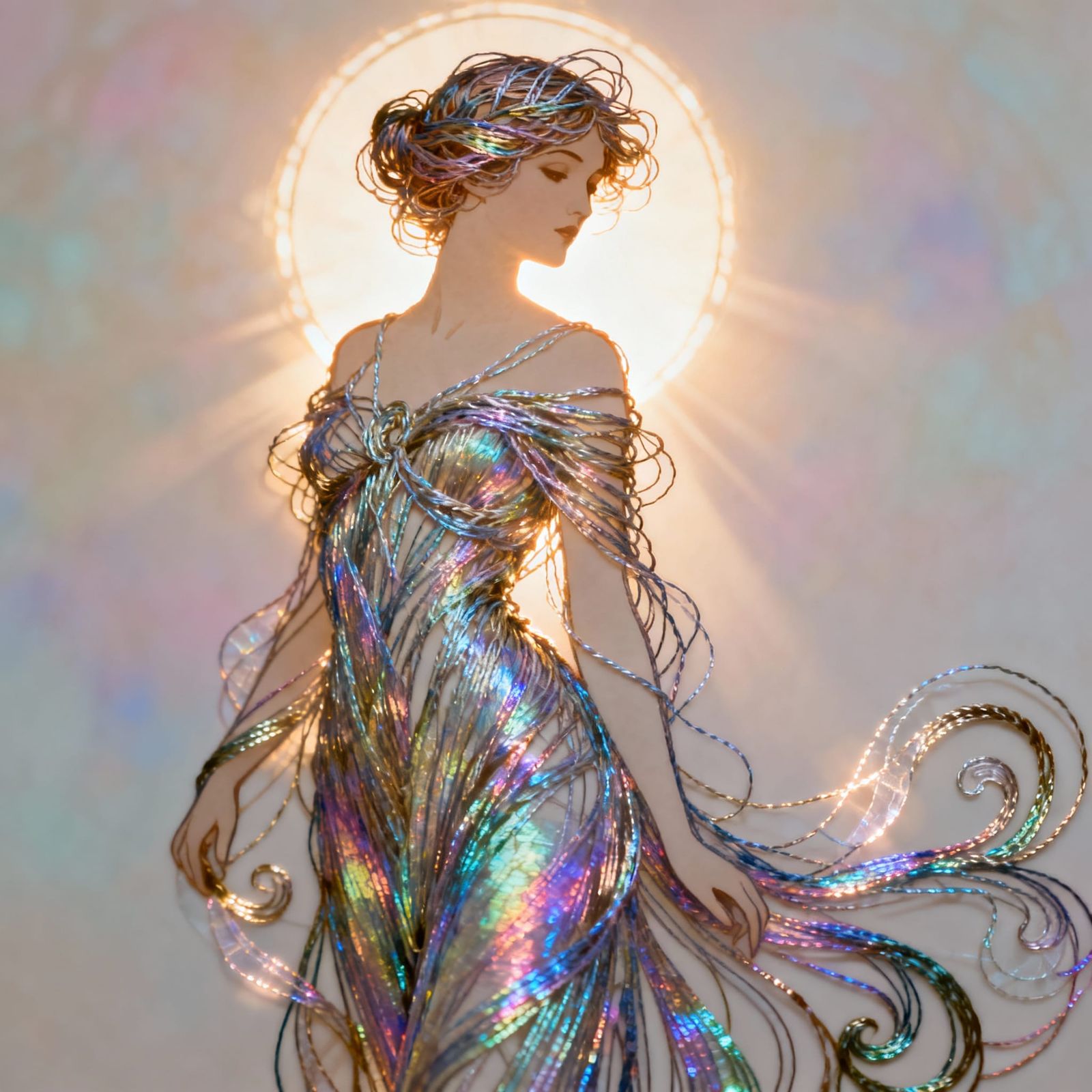 Elegant Woman Woven from Iridescent Thread